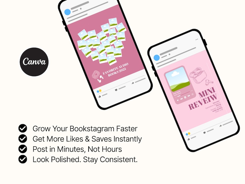 May include: Two smartphones display social media posts. One shows a heart-shaped arrangement of images with the text "FAVORITE AUDIO BOOKS 2023." The other shows a music player graphic with the text "MINI REVEIW." The Canva logo is visible.