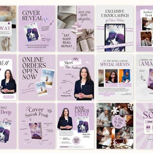 Puede incluir: Una colecci&oacute;n de gr&aacute;ficos promocionales en una suave combinaci&oacute;n de colores p&uacute;rpura. Los gr&aacute;ficos anuncian el lanzamiento de un libro, con portadas de libros, fotos de autores y detalles del evento. El texto incluye "Giveaway", "Cover Reveal" y "Coming Soon."