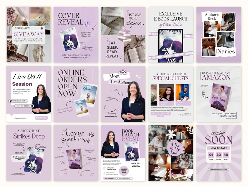 Puede incluir: Una colecci&oacute;n de gr&aacute;ficos promocionales en una suave combinaci&oacute;n de colores p&uacute;rpura. Los gr&aacute;ficos anuncian el lanzamiento de un libro, con portadas de libros, fotos de autores y detalles del evento. El texto incluye "Giveaway", "Cover Reveal" y "Coming Soon."