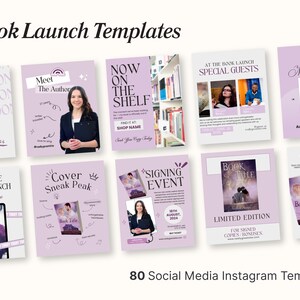 Puede incluir: Un conjunto de 80 plantillas de Instagram para lanzamientos de libros, con un esquema de color lila. Las plantillas incluyen dise&ntilde;os para anuncios, presentaciones de autores y promociones de eventos. El texto incluye "Book Launch Templates" y "80 Social Media Instagram Templates."