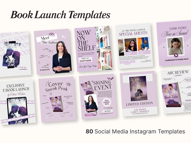 Puede incluir: Un conjunto de 80 plantillas de Instagram para lanzamientos de libros, con un esquema de color lila. Las plantillas incluyen dise&ntilde;os para anuncios, presentaciones de autores y promociones de eventos. El texto incluye "Book Launch Templates" y "80 Social Media Instagram Templates."