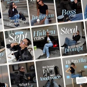 Puede incluir: Una cuadrícula de publicaciones en redes sociales con varios atuendos, incluidos cuellos de tortuga negros, camisetas y jeans azules. Las imágenes contienen superposiciones de texto como Boss era, Hidden rules, Steal my prompt y Hi I'm Ella.