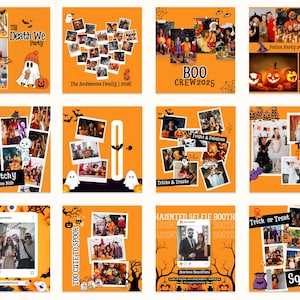 May include: A collection of Halloween-themed photo collages on orange backgrounds. Each collage features photos, text, and decorative elements like bats, ghosts, and pumpkins. Text includes "Death We Party," "Boo Crew 2025," and "Trick or Treat."