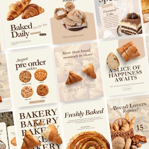Könnte beinhalten: Eine Sammlung von Werbegrafiken zum Thema Bäckerei. Die Bilder zeigen verschiedene Backwaren, darunter Croissants, Kekse, Brot und Gebäck. Textelemente sind "Baked Daily", "August pre order cookies" und "A slice of happiness awaits."