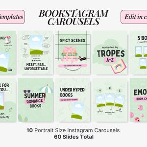 May include: Ten portrait-size Instagram carousel templates with a light green backdrop. Each template has a unique design, with text including "Cozy Spring Reads" and "Summer Romance Books". The templates are designed for book-related content.