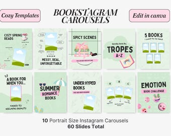 Bookstagram Canva Carousel Templates, Bookstagram Bundle for book bloggers, book influencers, authors, Cozy pretty bookstagram carousels