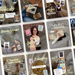 May include: A collage of social media graphics featuring book-related themes, including text overlays like recap, weekly reads, book lover starter pack, july release, stories that stay with me, books i loved, sunday reset reads, reading, and august recap.