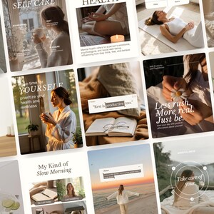 Op de afbeelding: Een collage van afbeeldingen met tekst over zelfzorg, welzijn en mindfulness. De afbeeldingen tonen mensen in ontspannen omgevingen, met tekstoverlays zoals "Self Care", "Take time for yourself" en "Less rush, More real, Just be."