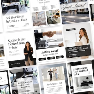 May include: A collection of real estate marketing materials with a clean, modern design. The images feature text such as "Sell Your Home in Under 14 Days" and "Spring is the hottest time to buy." The color scheme is primarily black and white.