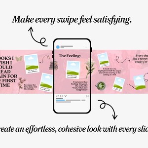 May include: A smartphone screen displays a social media post with the text "The Feeling:" and images of book covers. The background is pink with text that reads "Books I wish I could read again for the first time." The image also includes the text "Make every swipe feel satisfying."