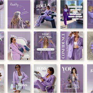 Puede incluir: Una colección de imágenes cuadradas con una paleta de colores púrpura consistente. Las imágenes presentan a mujeres con elegantes atuendos púrpuras, con superposiciones de texto como "Growth Plan", "Focus on You" y "Boss Mode". El tema general es la moda y el estilo de vida.