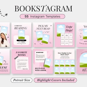 May include: Pink Instagram templates with the text "BOOKSTAGRAM" and "55 Instagram Templates." The templates include designs for "About Me," "Currently Reading," "Pick My Next Read," and "Trope Bingo!" Also included are "New Release," "Favorite Books," and "Blind Date With a Book."