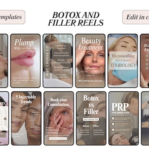 May include: A promotional graphic for Botox and filler reels, featuring multiple templates with text like "30+ Templates" and "Edit in Canva." The images showcase beauty treatments, including "Microneedling" and "PRP for under eyes."