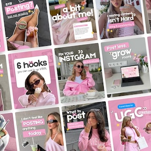 May include: A digital collage of social media graphics featuring pink and white color schemes, various lifestyle photography, and text overlays including phrases like 6 hooks, fix your instagram, and UGC creators for content marketing.
