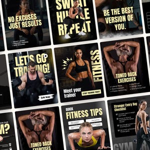Puede incluir: Una colección de gráficos de fitness para redes sociales con personas haciendo ejercicio, equipo de gimnasio y textos motivacionales como No Excuses Just Results, Sweat Huddle Repeat y Toned Back Exercises en tipografía amarilla y blanca.