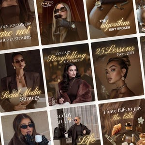 May include: A collage of images with text overlays in a warm, sepia tone. The images feature stylish individuals, wine glasses, and text such as "Your Followers are Not Your Customers" and "Social Media Strategy."