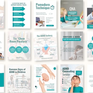 May include: A collection of informational posters with teal and white text on a white background. Topics include productivity, ADHD, and mental focus. Titles include "Focus is the Ultimate Multiplier" and "Pomodoro Technique".