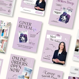 Puede incluir: Una colecci&oacute;n de materiales promocionales de color lila claro para un libro, que incluyen tarjetas con texto como "Cover Reveal", "Meet the Author" y "Online Orders Open Now". Las tarjetas presentan im&aacute;genes de portadas de libros y fotos de autores.