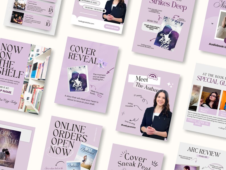 Puede incluir: Una colecci&oacute;n de materiales promocionales de color lila claro para un libro, que incluyen tarjetas con texto como "Cover Reveal", "Meet the Author" y "Online Orders Open Now". Las tarjetas presentan im&aacute;genes de portadas de libros y fotos de autores.