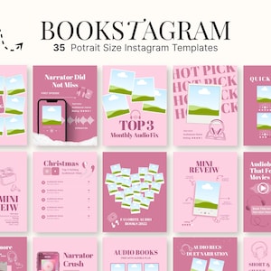 May include: Pink Instagram templates with the text "BOOKSTAGRAM" and "35 Portrait Size Instagram Templates". The templates feature various designs with text like "BEST ENDING", "Narrator Did Not Miss", and "MINI REVEIW".