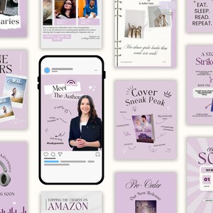 Puede incluir: Un conjunto de gr&aacute;ficos promocionales en tonos morados y blancos, que promocionan libros y autores. Los gr&aacute;ficos incluyen texto como "Meet The Author", "Cover Sneak Peak" y "Coming Soon".