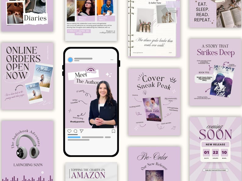 Puede incluir: Un conjunto de gr&aacute;ficos promocionales en tonos morados y blancos, que promocionan libros y autores. Los gr&aacute;ficos incluyen texto como "Meet The Author", "Cover Sneak Peak" y "Coming Soon".