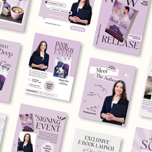 Puede incluir: Una colecci&oacute;n de folletos promocionales en tonos morados y blancos, que promocionan el lanzamiento de un libro y eventos de autores. Cada folleto presenta a una mujer, t&iacute;tulos de libros y detalles del evento. Los folletos incluyen texto como "Book Launch Event" y "Signing Event."