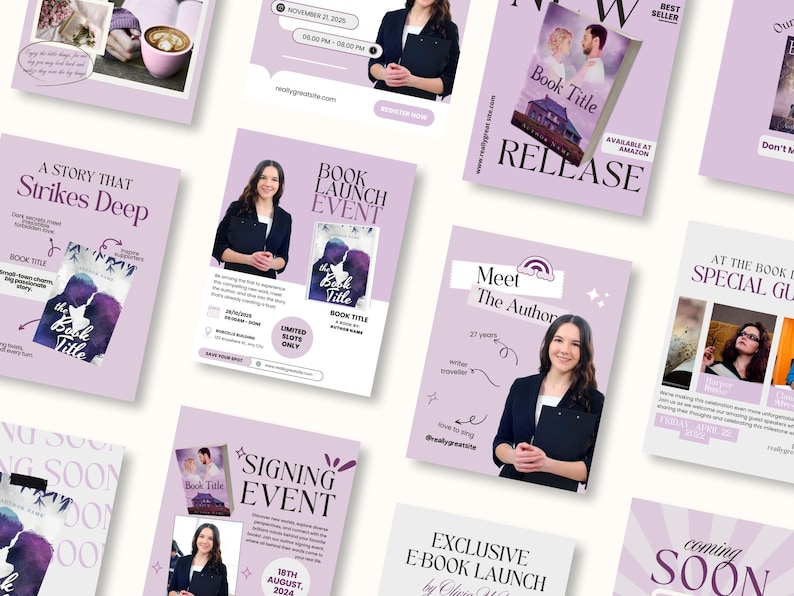 Puede incluir: Una colecci&oacute;n de folletos promocionales en tonos morados y blancos, que promocionan el lanzamiento de un libro y eventos de autores. Cada folleto presenta a una mujer, t&iacute;tulos de libros y detalles del evento. Los folletos incluyen texto como "Book Launch Event" y "Signing Event."