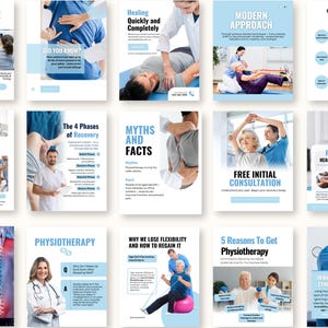 Op de afbeelding: Een verzameling promotieposters voor fysiotherapiediensten. De posters bevatten afbeeldingen van patiënten die behandeld worden, tekst over rugpijn, herstelfasen en de voordelen van fysiotherapie. Het kleurenschema is voornamelijk blauw en wit.