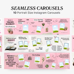 May include: Pink Instagram carousel templates with text and graphics. The text includes "Seamless Carousels", "10 Portrait Size Instagram Carousels", and various phrases related to books and reading, such as "Trope Basket" and "Bookish Habits".