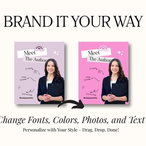 Puede incluir: La imagen muestra dos maquetas de un gr&aacute;fico promocional con el texto "Meet The Author" y una foto de una mujer. El gr&aacute;fico tiene un fondo rosa y morado. Tambi&eacute;n est&aacute; presente el texto "Change Fonts, Colors, Photos, and Text".