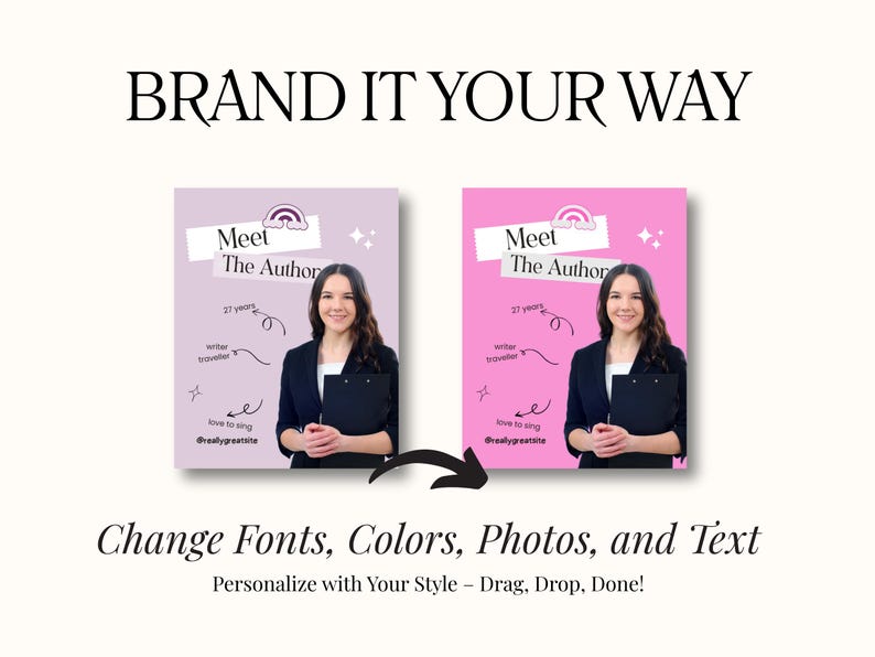Puede incluir: La imagen muestra dos maquetas de un gr&aacute;fico promocional con el texto "Meet The Author" y una foto de una mujer. El gr&aacute;fico tiene un fondo rosa y morado. Tambi&eacute;n est&aacute; presente el texto "Change Fonts, Colors, Photos, and Text".