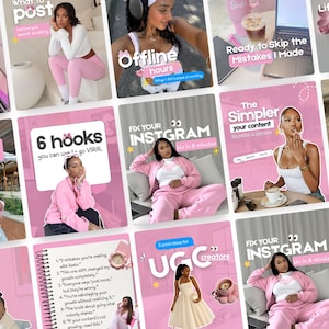 May include: A collection of social media graphics featuring pink-themed layouts, text overlays, and photographs of individuals in various settings. The images include titles like 6 hooks, Fix Your Instagram, and UGC creators with pink accents.