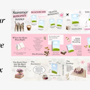 May include: A graphic design layout with the text "Summer Romance Books", "Beach Reads", and "Travel Romance". The design includes images of books, coffee, and travel-related icons. The layout is on a pink background.