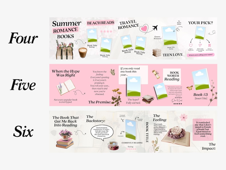 May include: A graphic design layout with the text "Summer Romance Books", "Beach Reads", and "Travel Romance". The design includes images of books, coffee, and travel-related icons. The layout is on a pink background.