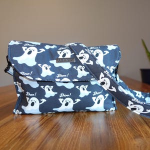 Halloween Crossbody Bag – “Boo! Bag” Ghost Print Purse, Adjustable Shoulder Bag, Small Messenger Bag with Pocket, Spooky Season Handbag