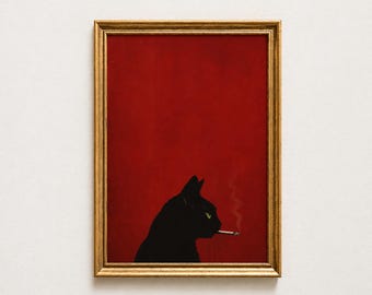 Black Cat Smoking Print - Born Lucky Vintage, Gothic Decor, Western Wall Art - Poster print - cigarette - smoke
