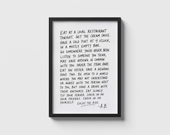 Anthony Bourdain quote - Handwriting style Poster Print -  Enjoy The Ride - kitchen artwork wall art - chef ticket - Digital download