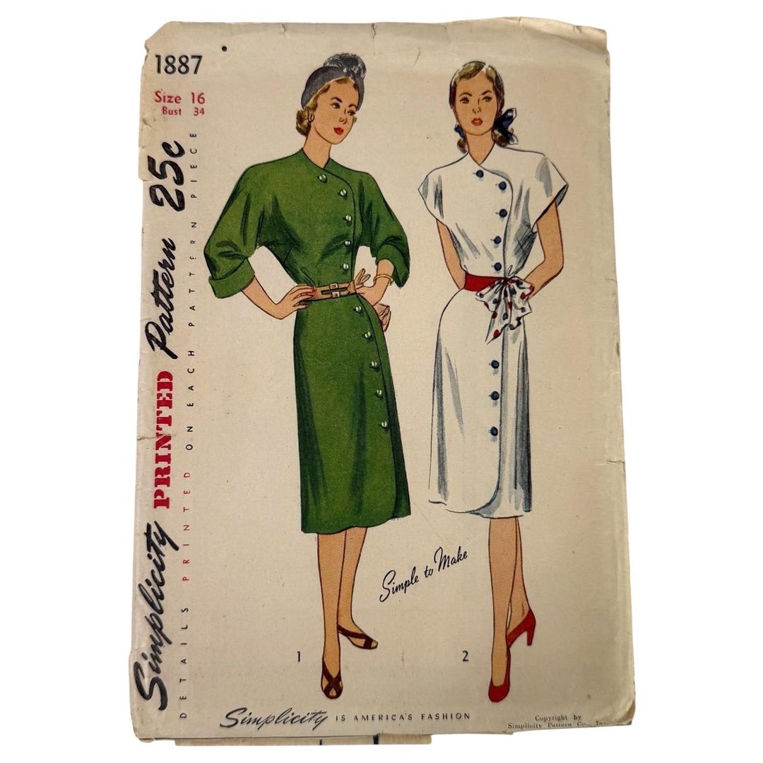 VTG 1946 Simplicity 1887 Sewing Pattern Shirtwaist Dress Size 16 Button ...