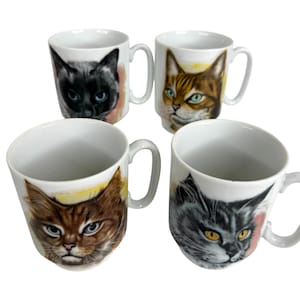 Set Of 4 Ceramic Cat Mugs Stackable Coffee Mugs Made Japan Yarn Ball Vintage