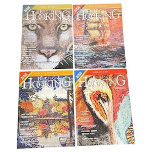 May include: Four issues of "Rug Hooking" magazine are displayed, each featuring a different colorful rug hooking design on the cover. The covers showcase a cougar, a sailboat, a landscape, and a pelican. The magazine's title is prominently displayed.