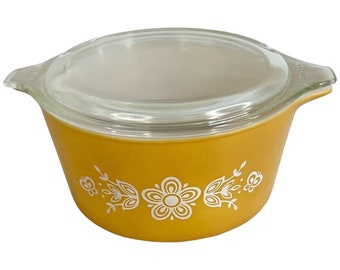 Vintage 1970s Pyrex Butterfly Gold Round Casserole With Lid #473 1 Quart Bowl