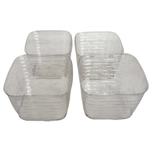 May include: Four clear, square-shaped containers with a textured, woven-like pattern. The containers are made of a transparent material, allowing visibility of the contents. The containers are ideal for storage or display.