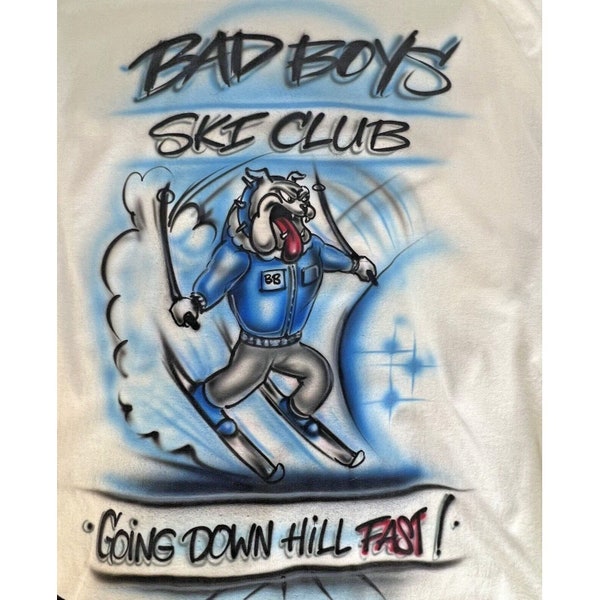 Vintage Airbrush T Shirt Bad Boys Ski Club Going Down Hill Fast Size Large Blue