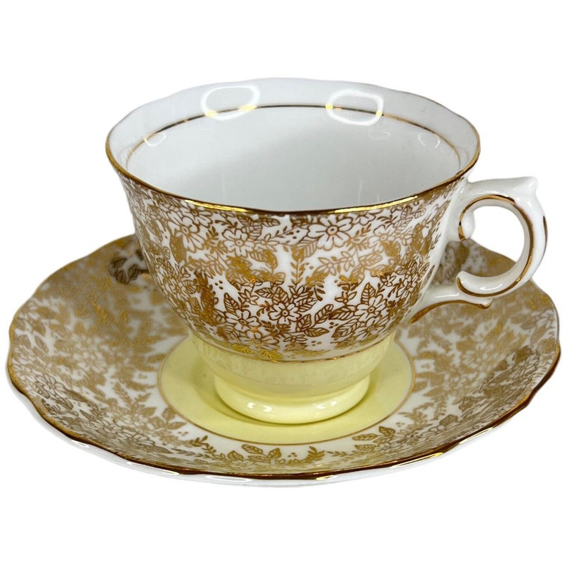 Colclough Bone China Tea Cup and Saucer Set Yellow Gold Flowers