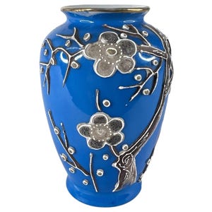 Vintage Blue Hand Painted Japanese Vase Cherry Blossom Floral Design Made Japan