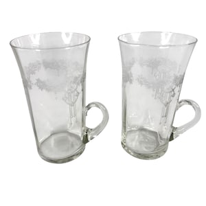 Monongah Roseland Etched Glass Clear Irish Coffee Mugs Set Of 2 Vintage USA