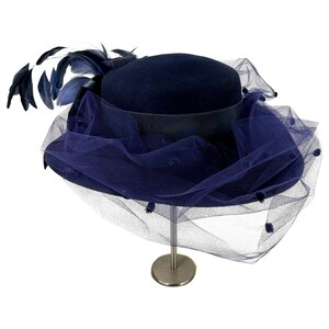 Michael Howard NWT Navy 100% Wool Veiled Feather Hat 50\'s Vintage Derby Michael Howard Hat In Women main image 3