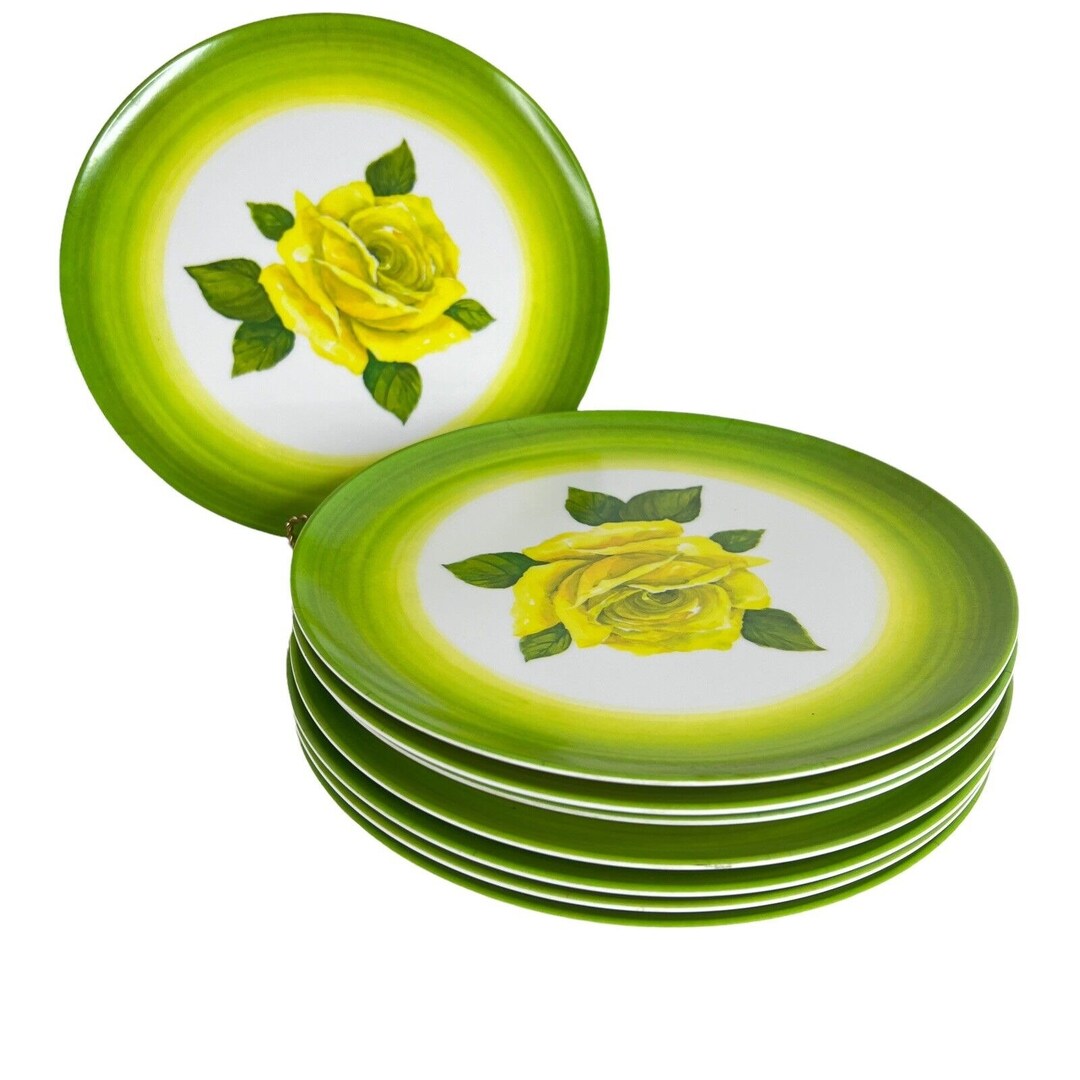 8 Vintage Yellow Rose Melamine Dinner Plates Green Melmac Etsy