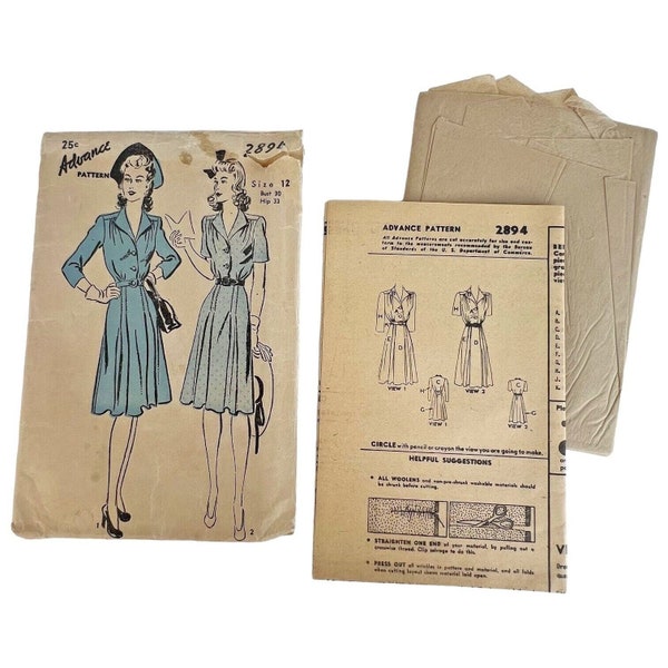 40s Advance Sewing Pattern 2894 Shirtwaist Dress Size 12 Bust 30" Bust Unprinted